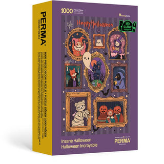 The PERMA Puzzle "Insane Halloween" 1000-piece jigsaw features costumed animals, pumpkins, and ghosts on a purple background. Enjoy assembling this premium glow-in-the-dark puzzle that shines eerily at night!.