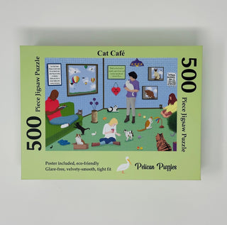 Cat Café | 500 Piece Jigsaw Puzzle by Mimsybird Puzzles features people and cats in a cozy café, made with eco-friendly materials, promotes slow living vibes, and includes a poster.