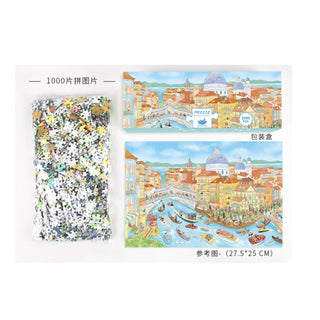 The Momibook Venice Holiday 1,000 Piece Jigsaw Puzzle includes a bag, box, and features a vibrant cityscape of canals and boats. Completed size: 27.5 x 25 cm.