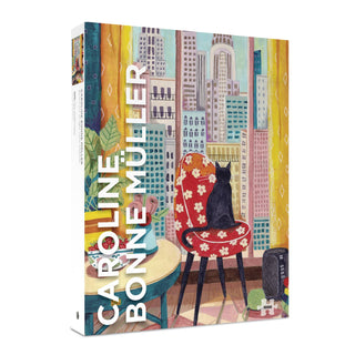 A book cover features a black cat perched on a red floral chair, gazing out at a cityscape through a window—a scene inspired by Pomegranate’s “Black Cat in New York Window | 1,000 Piece Jigsaw Puzzle”; the name Caroline Bonne Müller appears along the side.