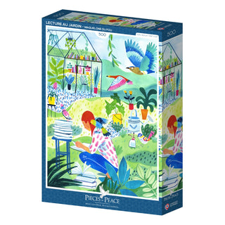 Enjoy hours of mindful fun with the Pieces & Peace Lecture Au Jardin 500 Piece Jigsaw Puzzle, featuring a vibrant garden scene with a reader, plants, books, and birds. Made in France and illustrated by Magali Le Huche.