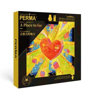 321-piece square jigsaw puzzle, A Place to Go by PERMA Puzzle, features a stylized heart with geometric gold/red shapes on Dutch blue-core chipboard, and includes English and Chinese text.
