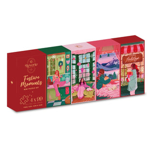 The Festive Moments | 4 x 99 Piece Jigsaw Puzzle Set by Reverie Puzzles features illustrated holiday scenes with people, cozy interiors, winter decor, and vibrant red and green colors.