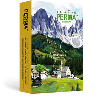 The Dolomiti | 500 Piece Jigsaw Puzzle by PERMA Puzzle features an illustrated mountain landscape with alpine houses and trees. The box is labeled PERMA SHANGHAI in green text.