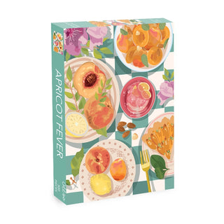 Add Olleo Puzzles' Apricot Fever | 500 Piece Jigsaw Puzzle to your summer collection—featuring vibrant apricots, cakes, nuts, a fork, and drink illustrations on the box. Perfect for puzzle enthusiasts!.