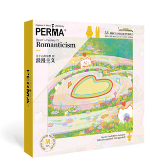 Front view of the PERMA Puzzle "Romanticism" 321-piece jigsaw, featuring a pastel heart-shaped pond, flowers, and a bear—a charming nature puzzle perfect for relaxing moments.