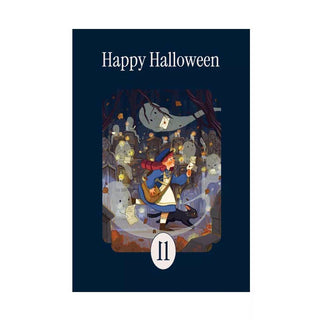 Celebrate spooky season with la pauz’s "Happy Halloween | 99 Piece Jigsaw Puzzle," featuring a girl in costume holding a lantern as she walks through a graveyard at night, with ‘Happy Halloween’ text above and the number 11 below.