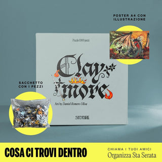 The StoPuzzle Claymore | 1,000 Piece Jigsaw Puzzle box, a dragon-shaped piece bag, and an illustrated A4 poster are shown on a blue surface, with yellow information text displayed at the bottom.