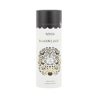 The Moonlight | 311 Piece Jigsaw Puzzle by My Mind's Eye comes in a cylindrical container and features a black and gold floral design, perfect for adding a touch of spooky decor.