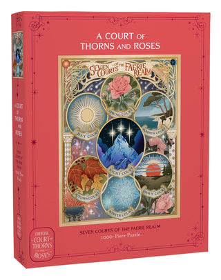 The A Court of Thorns and Roses: Official Seven Courts of the Faerie Realm | 1,000 Piece Jigsaw Puzzle box features an illustrated circular emblem divided into seven floral and celestial courts.