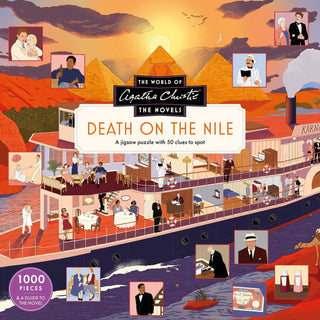 Experience The World of Agatha Christie: Death On the Nile with this 1,000 piece jigsaw puzzle from Laurence King Publishing. Featuring an illustration of a paddle steamer on the Nile with Egyptian pyramids in the background and portraits of iconic characters from Christie’s novel, this captivating puzzle includes text and mystery-themed details—making it a must-have for fans and collectors alike.