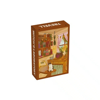 Trevell’s Witch’s Laboratory | 99 Piece Jigsaw Puzzle comes in a box featuring a cozy room with shelves, potions, plants, and a white cat by the desk. Enjoy assembling this magical potion-themed puzzle!.