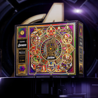 The theory11 Avengers | 1,000 Piece Jigsaw Puzzle showcases a vibrant, detailed design filled with superhero symbols and icons, spotlighting the Infinity Gauntlet at its center. This exciting Marvel puzzle offers fans of all ages an immersive Infinity Saga jigsaw experience.