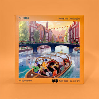 StoPuzzle’s Amsterdam | 1,000 Piece Jigsaw Puzzle features a lively canal boat scene with colorful buildings and festive banners—a vibrant puzzle perfect for all ages.