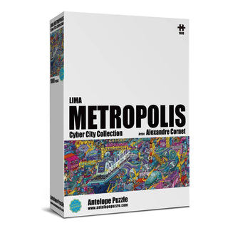 The Cyber Lima Metropolis 1,000-piece jigsaw puzzle by Antelope Puzzle features a vibrant cityscape illustration—ideal for enthusiasts seeking a colorful and challenging puzzle experience.