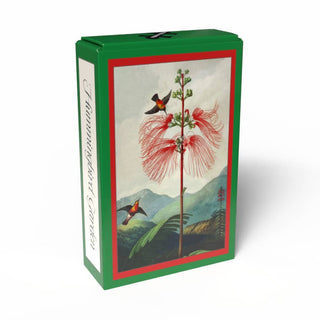 A collectible mini puzzle from Penny Puzzle, Hummingbird Garden comes in a green box adorned with vintage-inspired botanical art—an illustration of a red-feathered flower, two hummingbirds, and mountains inspired by The Temple of Flora. The side features the “7 Summits of Fantasy” label, making this 99-piece jigsaw puzzle a charming addition to any collection.