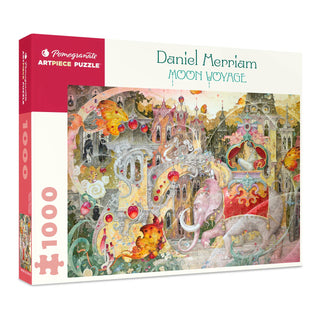 Enjoy a premium challenge with the Pomegranate Daniel Merriam: Moon Voyage 1,000 Piece Jigsaw Puzzle, displaying Merriam’s whimsical fantasy artwork of colorful buildings and imaginative creatures—ideal for puzzle lovers seeking a surreal and artistic experience.