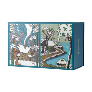 Immerse yourself in the Cj Hurley: Snowy Cabins | 120 Piece Double-Sided Jigsaw Puzzle Set from Pomegranate, beautifully packaged in an illustrated box depicting winter and spring cottage scenes with snowy trees, a crescent moon, and a winding path along a river under a blue sky—an ideal choice for fans of winter cottage puzzles or collectors of CJ Hurley’s art.
