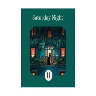 The la pauz Saturday Night | 99 Piece Jigsaw Puzzle features an illustrated card with two people on a balcony at night, surrounded by plants and the number 11—ideal for fans of unique, illustrated mini puzzles.
