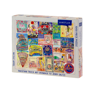The "Pakistani Truck Art | 1,000 Piece Jigsaw Puzzle" by Kinstler Puzzles features vibrant illustrated panels from Nicole Appel's Patchwork Portraits series, paying homage to Jerry Saltz.