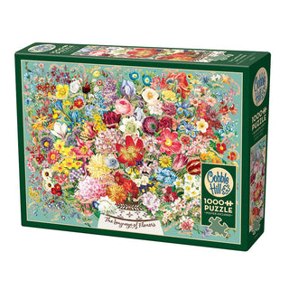 The Cobble Hill "The Language of Flowers" 1,000-piece jigsaw puzzle features a vibrant floral collage on the box front.