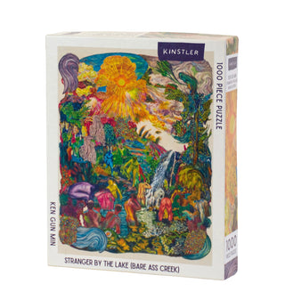 “Stranger By the Lake (Bare Ass Creek) | 1,000 Piece Jigsaw Puzzle by Kinstler Puzzles features vibrant queer art of people by a creek under the sun, created by Ken Gun Min.”.