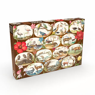 The Penny Puzzle "Nature in Miniature" is a 2,000-piece jigsaw featuring renaissance-inspired illustrations of animals, birds, and flowers in oval frames on a white background.