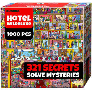 The QUOKKA Hotel Wildeluxe | 1,000 Piece Jigsaw Puzzle box features cartoon hotel guests and staff with "321 Secrets Solve Mysteries" on the front.