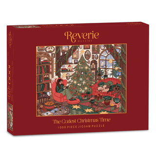 The Coziest Christmas Time | 1,000 Piece Jigsaw Puzzle by Reverie Puzzles features a festive living room with cozy decor, gifts, two people relaxing, and a decorated window.