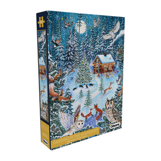 Dancing in the Moonlight is a 1,000 piece jigsaw puzzle from Gibsons Games, showing owls and foxes in a snowy forest near a cabin under a full moon—perfect for Christmas.