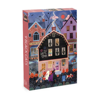 The 9 Black Cats | 1,000 Piece Jigsaw Puzzle by Olleo Puzzles features an illustration of costumed children trick-or-treating in front of a yarn shop decorated for Halloween, while playful black cats look on.
