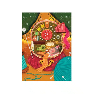 Illustration of a bear sewing in a cozy, round room filled with sewing supplies and fabric, the perfect spot to complete Trevell’s Mr Hole | 99 Piece Jigsaw Puzzle, with mountains and trees visible outside.