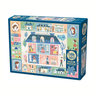 The Cobble Hill "Little Women" 500-piece puzzle features an illustrated dollhouse with characters and vibrant details on a blue background, crafted with random-cut pieces for high-quality puzzling.