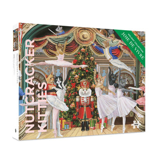 Enjoy a delightful holiday challenge with Pomegranate’s Nutcracker Kitties | 1,000 Piece Jigsaw Puzzle, featuring ballerina cats striking graceful poses and exuding feline charm as they twirl around a nutcracker before an elegantly decorated Christmas tree in an ornate theater setting—an enchanting choice for your next festive jigsaw adventure.