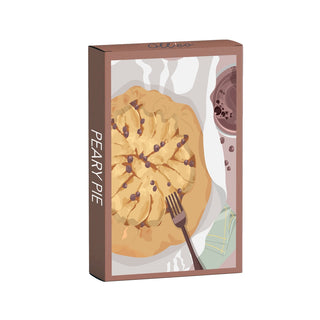 The Peary Pie | 99 Piece Jigsaw Puzzle by Olleo Puzzles features a charming box with art of a pear and chocolate chip pie, fork, and beverage—perfect for fans of sweet tart puzzles.