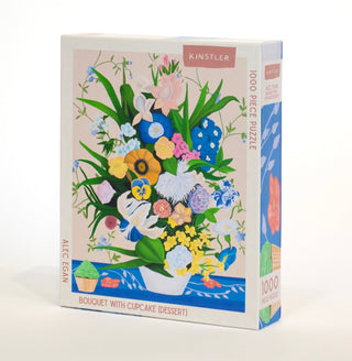 The Bouquet with Cupcake | 1,000 Piece Jigsaw Puzzle from Kinstler Puzzles features vibrant flowers and cupcakes arranged in a bouquet, designed by Alec Egan.