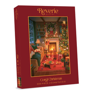 Corgi Christmas | 500 Piece Jigsaw Puzzle by Reverie Puzzles features corgis relaxing in a festive living room with a fireplace, Christmas tree, and gifts.