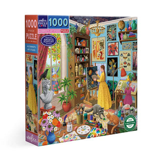 The Alchemist's Art Studio 1,000 Piece Jigsaw Puzzle by eeBoo showcases Vasilisa Romanenko’s lively art studio scene with a woman painting, surrounded by plants and tools—perfect for hours of creative fun.