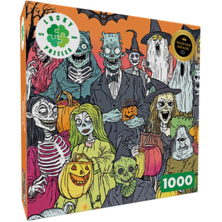 Experience hours of festive fun with the Monster Bash | 1,000 Piece Jigsaw Puzzle by Lucky Puzzles. This Halloween-themed jigsaw puzzle features a colorful cartoon scene packed with zombies and monsters in costumes, holding pumpkins and lanterns—perfect for celebrating a spooky Monster Bash. Ideal for puzzle enthusiasts of all ages!.