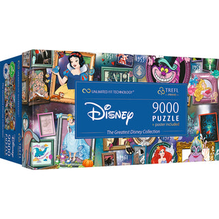 A box of Trefl USA’s “The Greatest Disney Collection” 9,000 piece jigsaw puzzle, featuring various Disney characters in framed portraits with a blue banner in the center.