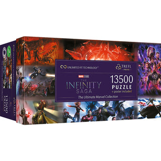 The Ultimate Marvel Collection | 13,500 Piece Jigsaw Puzzle by Trefl USA features vibrant images of characters and scenes from various Marvel movies, capturing the excitement of the Marvel universe. The box also includes a poster.