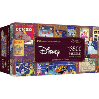 Box of The Golden Age of Disney | 13,500 Piece Jigsaw Puzzle by Trefl USA, part of the Trefl Prime UFT Puzzle collection, showcasing classic movie posters such as Dumbo, Bambi, Cinderella, and Sleeping Beauty, with “Golden Age of Disney” displayed on the front.