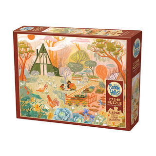 The Cobble Hill Room To Grow 275 piece jigsaw puzzle features a garden scene with people, animals, and a house. Made from recycled material, its large random-cut linen pieces offer eco-friendly fun for all ages.