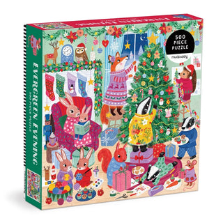 Experience the Evergreen Evening 500 Piece Jigsaw Puzzle by Mudpuppy—a charming holiday puzzle box featuring whimsical woodland animals in sweaters as they decorate a Christmas tree, exchange gifts, and celebrate together in a festively adorned room—making it the perfect family activity for cozy winter gatherings.