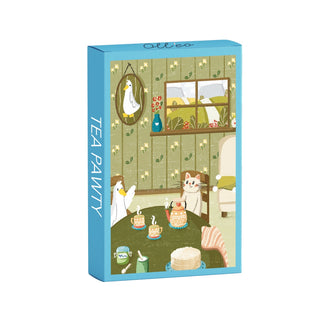 The “Tea Pawty” 99 piece jigsaw puzzle by Olleo Puzzles features a cat and duck enjoying tea in a cozy green room, with a goose portrait on the wall. A delightful tea party scene for all ages!.