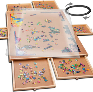 PlayVibe Portable Wooden Jigsaw Puzzle Table featuring a rotating board, multiple pull-out drawers, a clear protective cover, and a circular rotation arrow.