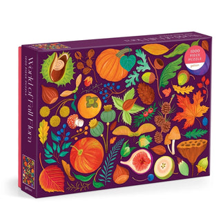 Enjoy cozy seasonal fun with the Galison World of Fall Flora | 1,000 Piece Jigsaw Puzzle. This beautifully illustrated puzzle features colorful fall leaves, pumpkins, acorns, flowers, and fruits set against a purple background—the perfect botanical challenge for autumn enthusiasts.