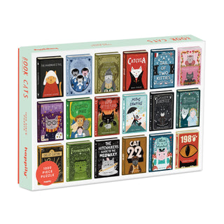 The Book Cats | 1,000 Piece Jigsaw Puzzle by Happily Jigsaw Puzzles features cat-themed parodies of classic book covers, beautifully illustrated and arranged in a vibrant grid.