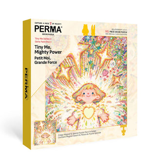 PERMA Puzzle’s Tiny Me, Mighty Power is a 321-piece jigsaw in a square box, featuring whimsical art of a smiling girl with a heart pendant, vibrant patterns, and a subtle glitter effect.