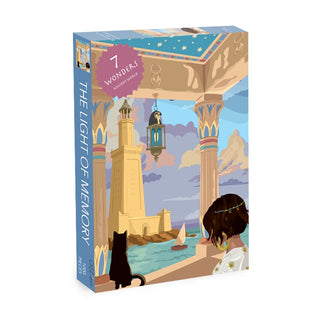 The Light of Memory | 1,000 Piece Jigsaw Puzzle by Olleo Puzzles showcases the Lighthouse of Alexandria, a girl, and a black cat beside ornate columns overlooking the sea—a scene inspired by the Seven Wonders of the Ancient World.